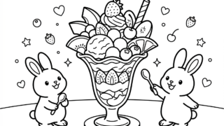 かわいいウサギとフルーツたっぷりパフェの楽しい塗り絵